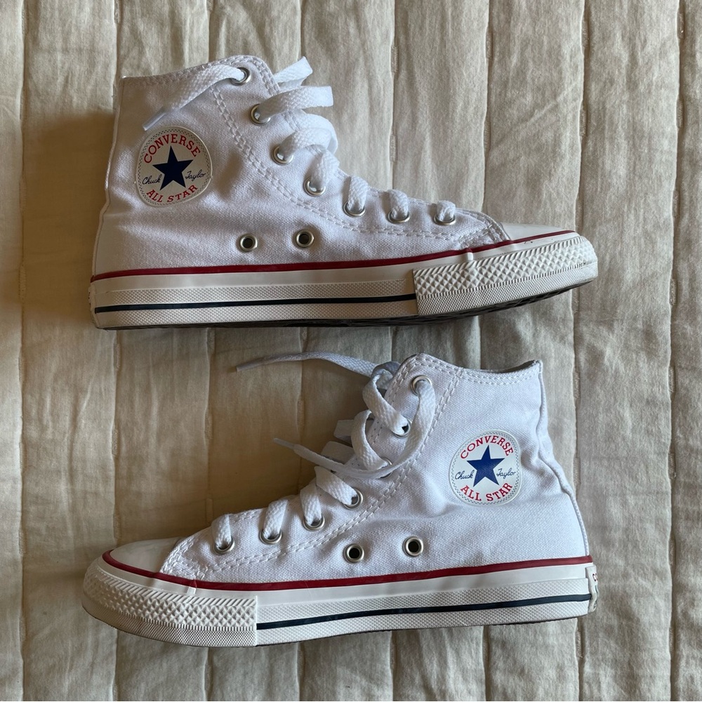 Converse Kids White High Top Sneakers with Red & Navy Accents